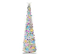 JOIEDOMI 5 Ft Pop up Pencil Christmas Tree Tinsel with Lightsand Star, Collapsible Christmas Decorations with Timer for Holiday Indoor Home Office Decor