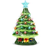 JOIEDOMI 7" Ceramic Christmas Tree with Gift Box, Mini Prelit Tabletop Christmas Tree with Multicolored Bulbs for Good Desk Decoration