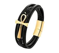 Joielavie 19 cm Egyptian Ankh Bracelet Cross of Life Gold Magnetic Buckle Multi Row Woven Genuine Leather Stainless Steel Vintage Jewellery