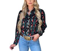 Joiemont Women's Retro Aztec Shirt Western Cowgirl Pearl Snap Blouses Button Up Long Sleeve Ethnic Printed Top, 03 Black, XXL