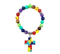 Joiigaem Autism Awareness 7 Chakra Beads Elastic Bracelet Colorful Beaded Love Heart Cross Ribbon Puzzle Jigsaw Charm Jewelry Gift for Autism Teacher Autistic Population, 7.28inch -7.87inch, Gemstone