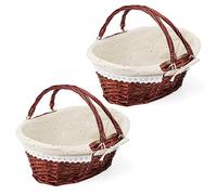 JOIKIT 2 Pack Wicker Woven Basket with Handle, Oval Wicker Picnic Basket with Linen Cloth Lining, Brown Woven Willow Basket for Eggs, Candy, Gift, 30 x 23 x 12cm