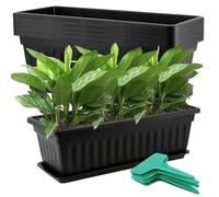 JOIKIT 6 PCS 17 Inch / 43cm Black Plastic Window Box Planter, Rectangular Flower Pot, Windowsill Planter with Removable Tray and Green Plant Label for Indoor, Outdoor
