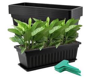 JOIKIT 6 PCS 17 Inch / 43cm Black Plastic Window Box Planter, Rectangular Flower Pot, Windowsill Planter with Removable Tray and Green Plant Label for Indoor, Outdoor