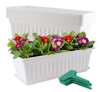 JOIKIT 6 PCS 17 Inch White Plastic Window Box Planter, 43cm Rectangular Flower Pot, Large Windowsill Planter with Removable Tray and Green Plant Label for Garden