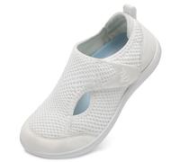 JOINFREE Women’s Wide Fit Barefoot Walking Shoes - Zero Drop Comfort Trainers with Adjustable Strap, Breathable Non-Slip Casual Shoes for Swollen or Sensitive Feet White 7.5 UK