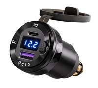 Joinfworld DIN Hella Plug to USB C & USB A Dual USB Charger,Quick Charge | Blue LED Voltmeter & PD3.0 & QC3.0 with Waterproof Cover for Motorcycle Charge Powerlet