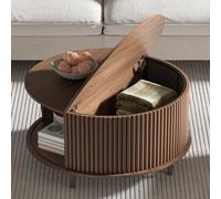 JOINICE,Round Coffee Table with Storage,Fluted Center Table with Sliding Cabinet Door for Living Room,Home Small Space,31.5" Small Center Table,Walnut