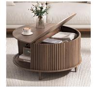 JOINICE,Round Coffee Table with Storage, Walnut 31.5" Fluted Center Table for Living Room, Modern Walnut Wood Circle Drum Table with Sliding Cabinet Door,