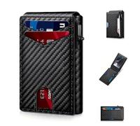 Joininreact Wallet with Pop up Aluminum Case, The one-Touch pop-up Mechanism, Money Clip Slim Leather Slots Credit Card Holder RFID Blocking Bifold Minimalist Wallet (Carbon Fiber)