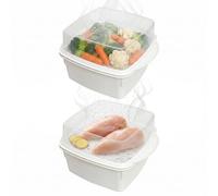 JOINPAYA 2 Pack Microwave Vegetable Steamer with Removable Colander Basket, Food Grade Microwaveable Steaming Container for Healthy Cooking, Reusable Veggie Steamer Bowl with Lid, White