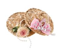 JOINPAYA 2Pcs Mini Straw Hats for Pets with Chin Strap - Pink Bow Crown Pearl Flower Design, Small Sun Protection Hat for Chicken, Parrot, Bird Accessories for Tea Party Dress Up