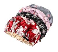 JOINPAYA 4pcs Satin Printed Adjustable Double Layer Sleep Caps, Shower Hair Care Hats with Invisible Flat Buckle, Night Sleep Bonnets Set for Women - Pink Floral, Grey Flamingo, Burgundy