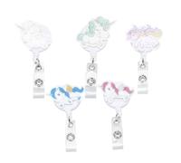 JOINPAYA 5Pcs Retractable Telescopic Keychain Badge Holder Set with Easy Pulling Buckle, White Base Leather Clip Keyring for Office Id Cards and Keys