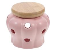 JOINPAYA Ceramic Ginger Garlic Storage Jar with Lid, Hollow Ventilated Pink Kitchen Container for Countertop, Large Garlic Keeper Basket for Fresh Spice Storage