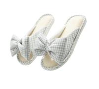 JOINPAYA Gray Peep Toe Bow Knot Slippers for Women, Breathable Cotton Linen Non-slip Household Summer Shoes, Thick Sole Comfortable Cozy Slippers Size L (39-40)