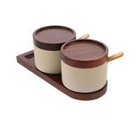 JOINPAYA Japanese Ceramic Spice Jar Set with Wooden Lid and Serving Spoon, Minimalist Style Condiment Container for Home and Hotel Use, Preserves Freshness and Allows Effortless Filling