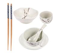 JOINPAYA Japanese Style Ceramic Tableware Set for One 6pcs Dinnerware Set with Bowl Plate Dish Cup Spoon and Chopsticks in Blue for Dining and Entertaining