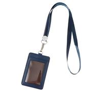 JOINPAYA Leather Id Card Holder Double-Sided with Lanyard, Blue Genuine Leather Work Badge Cover, Student and Office Badge Holder for Secure Identification