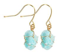 JOINPAYA Natural Crystal Rough Stone Earrings for Women, Handmade Irregular Aquamarine Dangle Hook Earrings with Gold Wire Wrapping, Creative Minimalist Jewelry