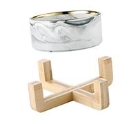 JOINPAYA Nordic Style Marble Gray Cat Bowl with Wooden Stand Raised Water and Food Container for Pets Comfortable Eating Angle Easy to Clean Pet Rice and Soup Bowls Cat and Small Dog Owners
