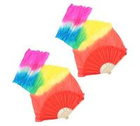 JOINPAYA Rainbow Gradient Silk Veil Belly Dance Fan 2pcs Set - 1.2m Long Colorful Soft Silk Handheld Fans for Women’s Stage Performance and Festival Dancing