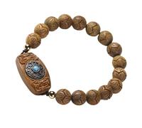 JOINPAYA Wooden Bead Bracelet for Women, Green Sandalwood Single Circle Rosary String Bracelet with Six-Word Blessing Charm, Stretchy Natural Wood Beads Jewelry Suitable for Daily Wear
