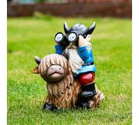 Joint Honglin Garden Gnome Statues Resin Gnome Sitting on Highland Cow Solar Lights Outdoor Telescope Gnome Gifts for Yard, Patio Decor Gift(Cow Gnome)