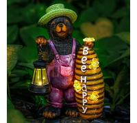 Joint Honglin Solar Adorable Bear Garden Statue with Beehive and Lantern - “Bee Happy” Resin Outdoor Decoration for Yard, Patio, or Home Decor