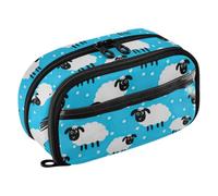 Joisal Cute White Sheep Blue Slim Pencil Case Pen Pouch with Supplies | Water-repellent shell wipes clean after spills, slim profile slides beside a laptop in a carry-on