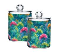 Joisal Whimsical Green Abstract Flower Cotton Swab Jars, Visible Plastic | Bathroom Canister with Clear PS Plastic, Sphere-knob Lid, and Wipes Clean Easily; Pack Of 2