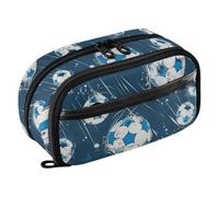 Joisal White Blue Soccer Balls Slim Pencil Case Pen Pouch with Supplies | Water-repellent shell wipes clean after spills, slim profile slides beside a laptop in a carry-on