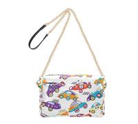 Joitme Colorful Race Cars Playful White Crossbody Handbags for Women PU Leather Shoulder Bag Chain Strap Cell Phone Bag Cute