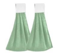 Joitme Sage Green Hanging Hand Towels for Kitchen, Bathroom - Soft Coral Fleece Towel with Magic Tape Loop, Ultra Absorbent Dish Cloths