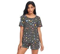 Joitme Solar System Planets Space Short Sleeve 2 Piece Pajamas for Women S-XXL, Cartoon Space Doodles, L