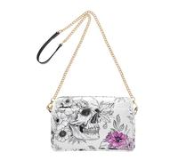 Joitme White Skulls Flowers Leaves Pink Women's Crossbody Handbags Cell Phone Bag Cute PU Leather Shoulder Bag with Chain Strap