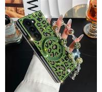 JOIUXNER Bling Sparkle Case for Samsung Galazy Z Fold 4 5G with Wrist Strap Support Wireless Charging,3D Glitter Diamond Leopard Print Hard Shookproof Anti-Drop Protective Case for Women Girls,Green.