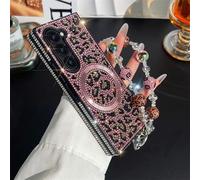 JOIUXNER Bling Sparkle Case for Samsung Galazy Z Fold 6 5G with Wrist Strap Support Wireless Charging,3D Glitter Diamond Leopard Print Hard Shookproof Anti-Drop Protective Case for Women Girls,Pink.