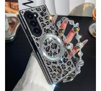 JOIUXNER Bling Sparkle Case for Samsung Galazy Z Fold 6 5G with Wrist Strap Support Wireless Charging,3D Glitter Diamond Leopard Print Hard Shookproof Anti-Drop Protective Case for Women Girls,White.