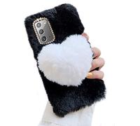 JOIUXNER Cute Plush Case for iPhone 16 Plus 6.7",Furry 3D Love Heart Soft Fluffy Fuzzy Winter Warm Girls Women Case Faux Rabbit Fur Hair Bling Glitter Diamond Silicone Cover,Black + White