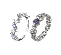 jojnsha 2 PCS Engagement Rings Party Jewelry Purple Rhinestone Open Finger Adjustable Alloy For Girls Purple Rhinestone Heart Rings Set