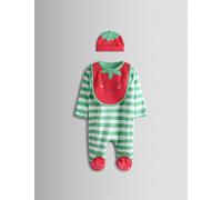 JoJo Maman Bébé 3 Piece Pure Cotton Striped Sleepsuit Hat & Bib Set (7lbs-18 Mths) Green
