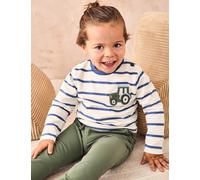 Jojo Maman Bébé Pure Cotton Tractor Applique Striped Top (0-5 Yrs) - 3-4 Y - Ecru Mix, Ecru Mix