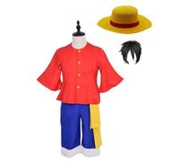JOJO STYLE Cosplay Costume Anime ONE PIECE Cosplay Costume Halloween Carnival Monkey D. Luffy Costume Props for Adults- Including Top + Pants + Waist Rope + Wig + Hat,Red,L