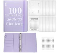 jojofuny 100-Day Savings Challenge Binder Money Saving Organizer 25 Printed Pages and Sticker Purple Cash Budget Book Strap for Personal Finance Tracking