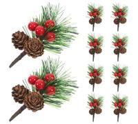 jojofuny 10pcs Mini Christmas Pine Picks with Artificial Pine Needles and Berry Stems, Pvc Decorative Floral Stems for Christmas Flower Wreaths and Daily Decoration