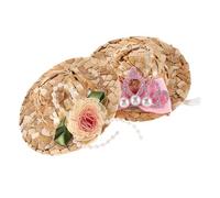 jojofuny 2 Pcs Mini Straw Hats for Pets with Chin Strap, Tiny Parrot and Chicken Party Hats, Pink Bow Crown and Pearl Flower Accessories for Tea Party and Birthday Celebration