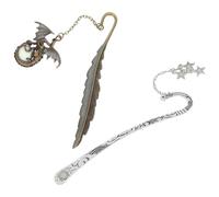 jojofuny 2Pcs Glow in The Dark Iron Bookmarks with Hook Vintage Embossed Metal Plume and Dragon Moon Star Design, Creative Reading Accessories for Night Book Lovers