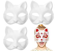 jojofuny 3pcs White Cat Mask: Blank Paintable Fox Half Face Masks for Halloween, Masquerade, Mardi Gras Cosplay Costume, Carnival Party Favor