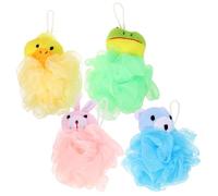 jojofuny 4Pcs Cartoon Animal Bath Loofah Set for, Soft Skin Cleaning Scrubbers with Duck, Rabbit, Frog, and Bear Designs, Household Body Sponge for Bathroom Shower Use